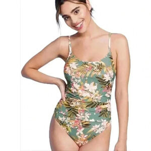 Kona Sol Swimsuit Womens L Green Floral Shirred Padded Bra Clip Back One Piece